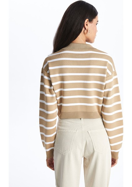 Yeni Sezon Polo Yaka Çizgili Uzun Kollu Crop Kadın Triko Kazak indirimleri