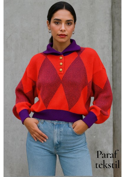 Kadın Oversize Baklava Desen Triko Kazak