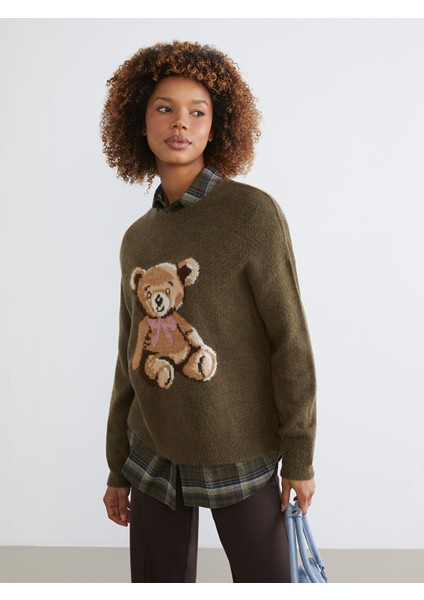 Yeni Sezon Ayı Desenli Oversize Kadın Triko Kazak