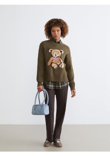 Yeni Sezon Ayı Desenli Oversize Kadın Triko Kazak fiyatları