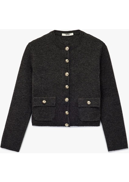 Kadın Cepli Gold Düğme Detaylı Uzun Kollu Bisiklet Yaka Triko Hırka 6WAK90197HT