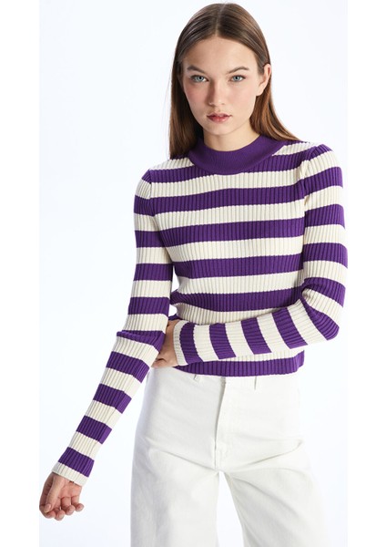 Yeni Sezon Bisiklet Yaka Renk Bloklu Uzun Kollu Kadın Triko Kazak