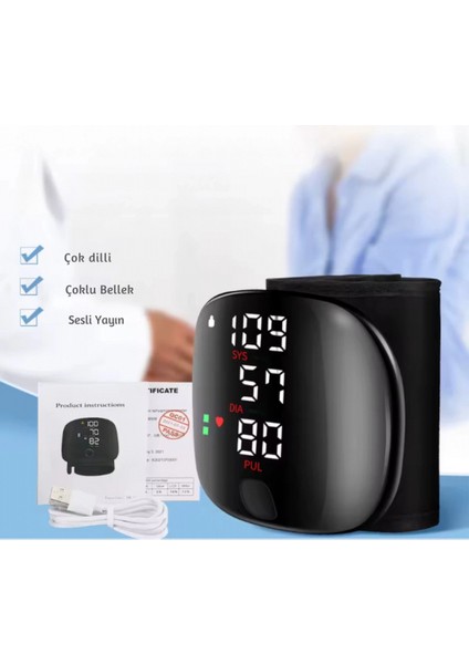 Şarj Edilebilir Dijital Bilek Tansiyon Aleti – Akıllı LCD Ekran, Sesli Uyarı, Ev Kullanımı