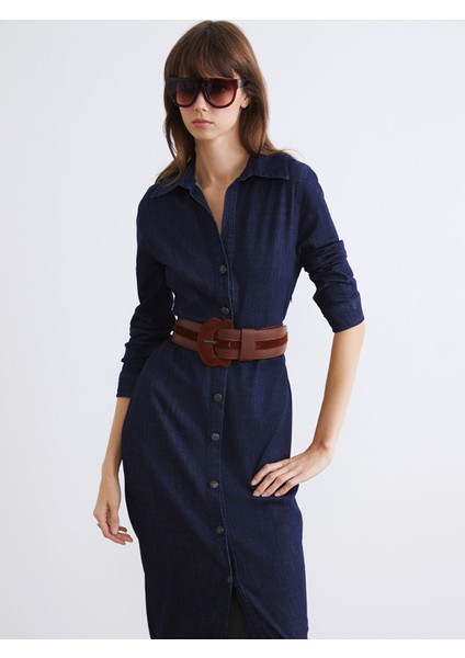 Yeni Sezon Gömlek Yaka Büzgülü Jean Elbise fiyatları