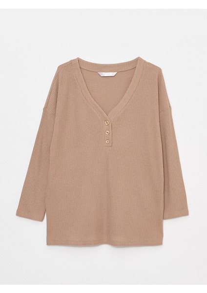 Yeni Sezon Büyük Beden V Yaka Kendinden Desenli Uzun Kollu Kadın Pijama Üst