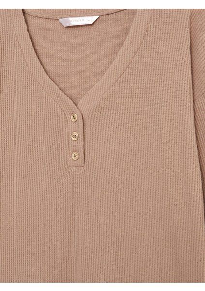 Yeni Sezon Büyük Beden V Yaka Kendinden Desenli Uzun Kollu Kadın Pijama Üst modelleri