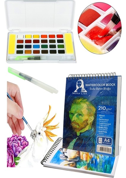 24 Renk Tablet Sulu Boya ve A4 Telli Suluboya Bloğu Kağıdı A4 210GR 20 Yaprak Ince Dokulu Taş Suluboya Plastik Kutulu