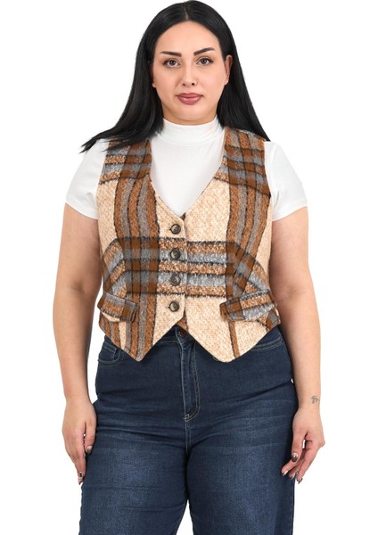 Büyük Beden Düğme Kapamalı Cep Kapaklı Astarlı Kısa Çizgili Kaşe Bej Rengi Yelek fiyatları