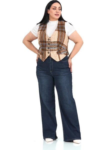 Büyük Beden Düğme Kapamalı Cep Kapaklı Astarlı Kısa Çizgili Kaşe Bej Rengi Yelek fırsatları