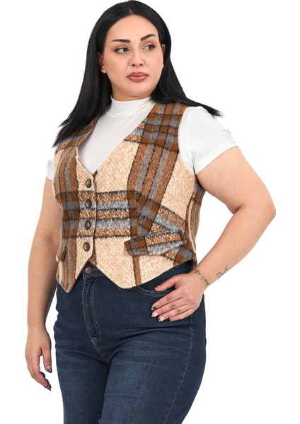 Büyük Beden Düğme Kapamalı Cep Kapaklı Astarlı Kısa Çizgili Kaşe Bej Rengi Yelek indirimleri