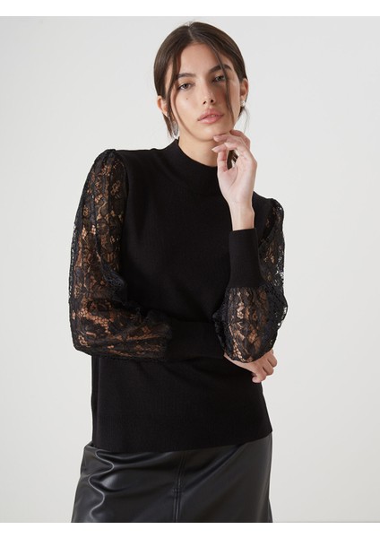 Yeni Sezon Yarım Balıkçı Yaka Dantel Detaylı Kadın Triko Kazak