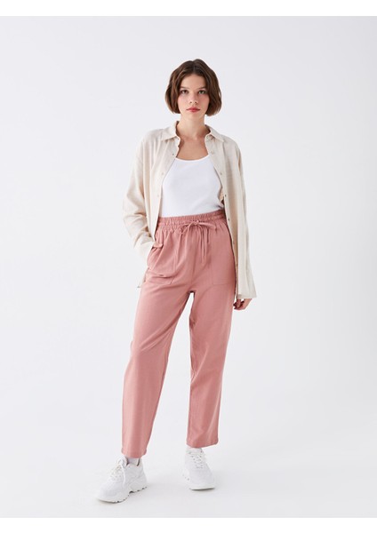 Yeni Sezon Beli Lastikli Düz Keten Karışımlı Kadın Pantolon