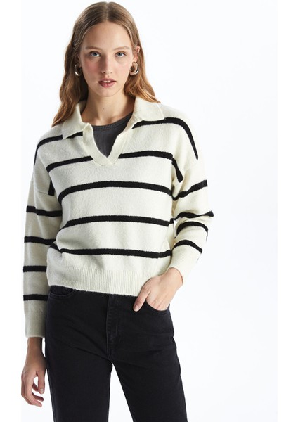 Yeni Sezon Polo Yaka Çizgili Oversize Kadın Triko Kazak