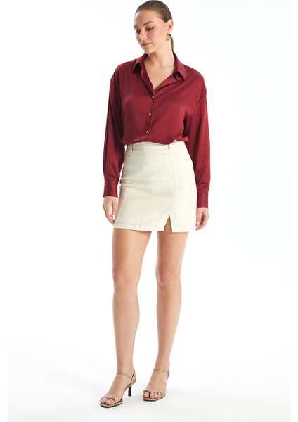 Yeni Sezon Beli Fermuarlı Düz Keten Görünümlü Kadın Etek