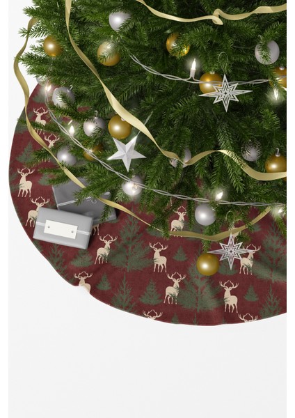 Bordo Çam Ağacı ve Geyik Desenli Yılbaşı Çam Ağacı Örtüsü fiyatları