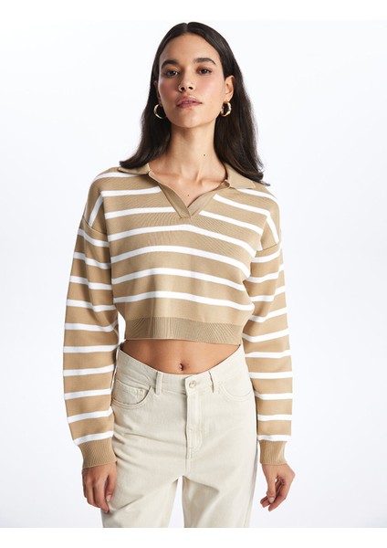 Yeni Sezon Polo Yaka Çizgili Uzun Kollu Crop Kadın Triko Kazak