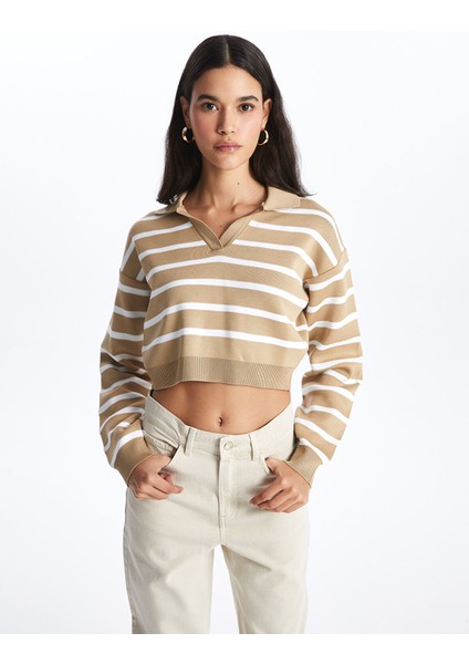 Yeni Sezon Polo Yaka Çizgili Uzun Kollu Crop Kadın Triko Kazak fiyatları