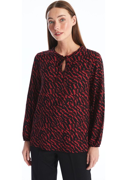 Yeni Sezon Bağlamalı Yaka Desenli Uzun Kollu Kadın Bluz