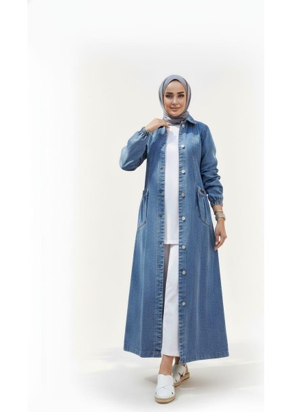 Kadın Düğmeli Cepli Kar Yıkamalı Denim Mavi Kot Kap