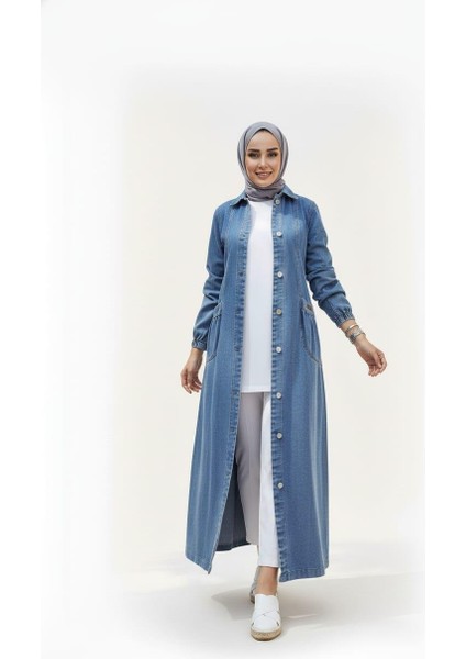 Kadın Düğmeli Cepli Kar Yıkamalı Denim Mavi Kot Kap modelleri