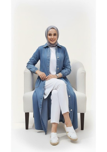 Kadın Düğmeli Cepli Kar Yıkamalı Denim Mavi Kot Kap fırsatları