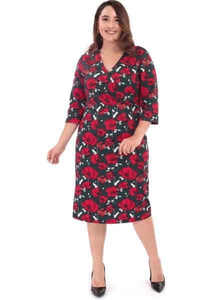 Kadın Büyük Beden Çiçek Desenli V Yaka Kırmızı Elbise