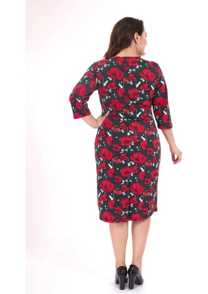 Kadın Büyük Beden Çiçek Desenli V Yaka Kırmızı Elbise modelleri