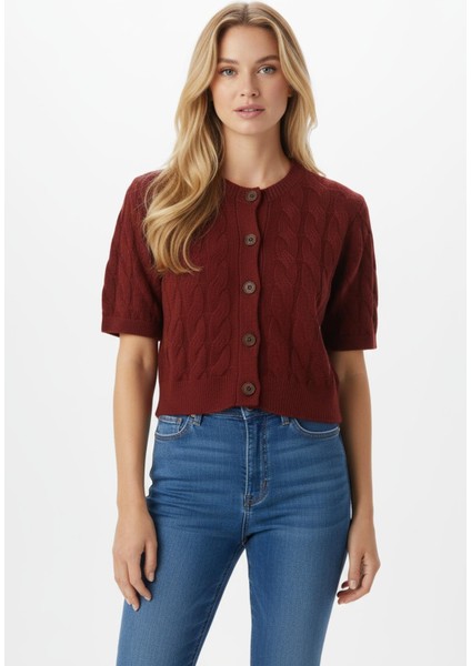 2262 Düğmeli Crop Hırka Bordo