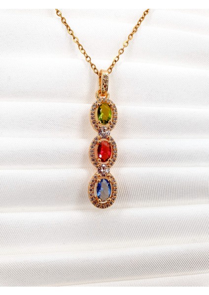 Üç Renk Işıltısı – Yeşil, Kırmızı ve Mavi Taşlı Zarif Kadın Kolye ✧✧✧ fiyatları