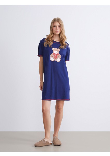 Yeni Sezon Bisiklet Yaka Ayı Baskılı Kadın Gecelik