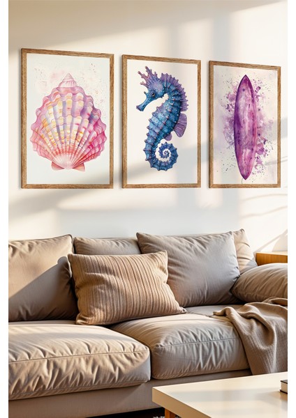 3 Parça Mor Deniz Masalları Konsepli Ahşap Çerçeve Görünümlü Mdf Tablo Seti