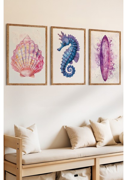 3 Parça Mor Deniz Masalları Konsepli Ahşap Çerçeve Görünümlü Mdf Tablo Seti fiyatları