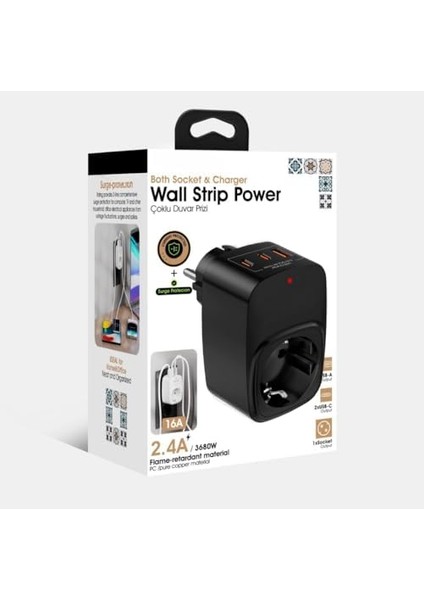 Akım Korumalı Priz 1x Priz, 2x Type-C, 1x USB Port Çıkışlı Tekli (Siyah) fiyatları