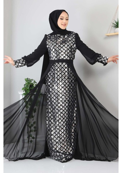 Pulpayetli Şifon Abiye Gümüş MSW9819