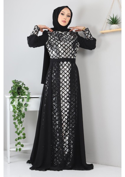 Pulpayetli Şifon Abiye Gümüş MSW9819 modelleri