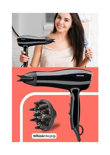 Goldmaster Efil Profesyonel Saç Kurutma ve Fön MAKINESI,2400W Dc Motor Katlanabilir, Soğuk Üfleme Difüzör ve Dar Başlık 3 Isı 2 Hız Ayarı Aşırı Isınma Korumalı Çıkarılabilir Filtre Asma Halkalı, Siyah