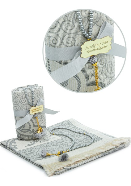 Hediyelik Isme Özel Tesbihli Seccade Seti Gri