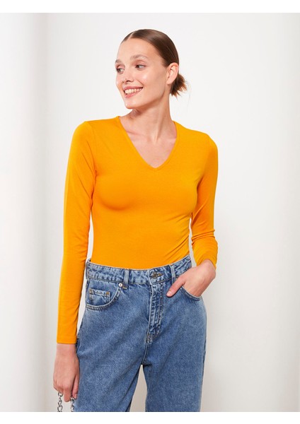 Yeni Sezon V Yaka Düz Uzun Kollu Kadın Çıtçıtlı Body fiyatları
