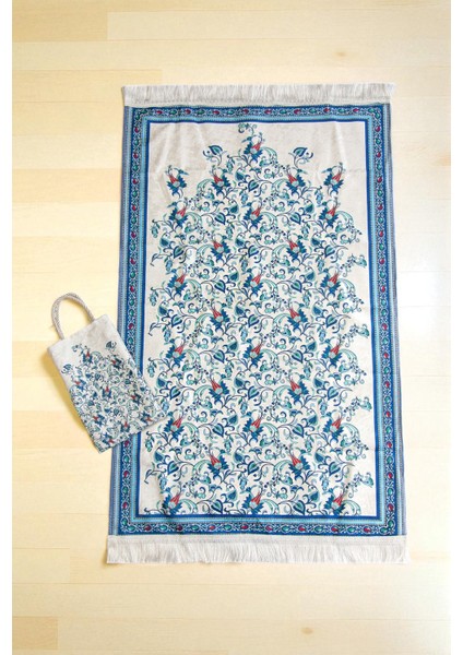 Ipeksi Dokulu Çantalı Kadife Seccade - Lale Desenli, Pratik, Taşınabilir - Mavi