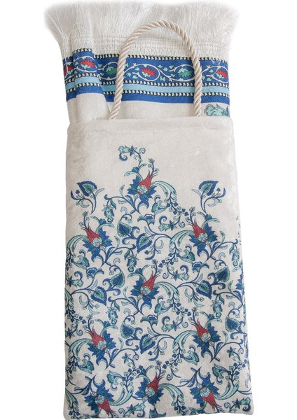 Ipeksi Dokulu Çantalı Kadife Seccade - Lale Desenli, Pratik, Taşınabilir - Mavi fırsatları