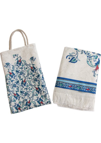 Ipeksi Dokulu Çantalı Kadife Seccade - Lale Desenli, Pratik, Taşınabilir - Mavi indirimleri