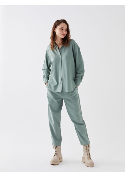 Yeni Sezon Beli Lastikli Düz Keten Karışımlı Kadın Pantolon