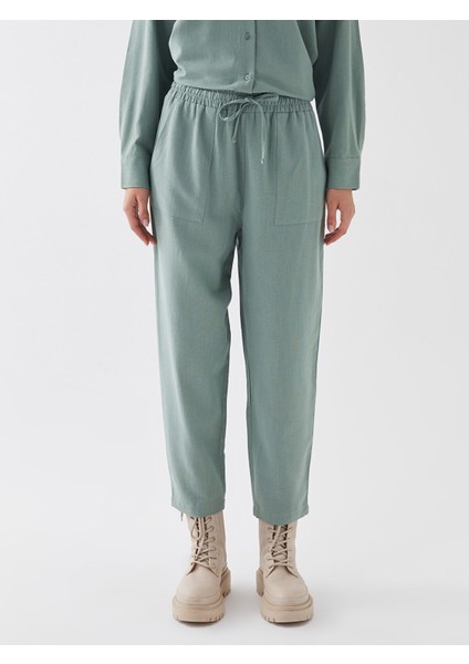 Yeni Sezon Beli Lastikli Düz Keten Karışımlı Kadın Pantolon fırsatları