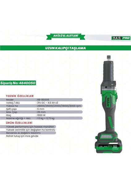 Haıspro Uzun Kalıpçı Taşlama 21V DC-4.0AH RB-ZM06A