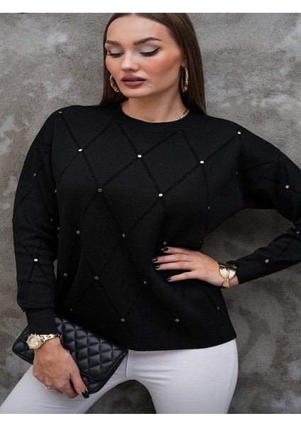 Baklava Desen Taş Işlemeli Kazak