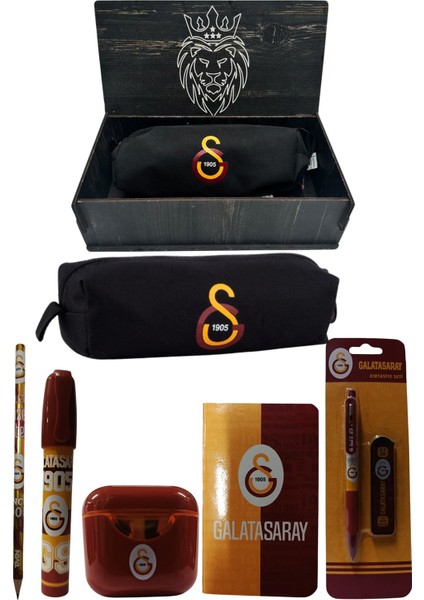 Galatasaray Orjinal Lisanslı Kırmızı Air Kalemtraş Ahşap Kutulu 6'lı Kırtasiye Seti
