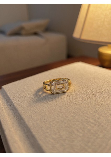 Ayarlanabilir Çelik Zincir Form Dikdörtgen Taşlı Yüzük – Gold Renk / Aurora Collection fiyatları