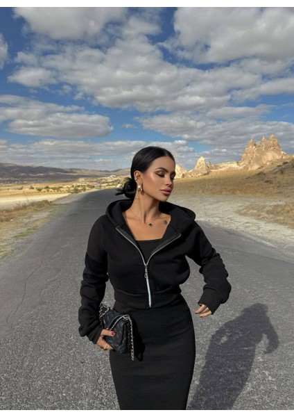 Kadın Hırkalı Elbise Takım -Siyah- 3iplik Şardonlu