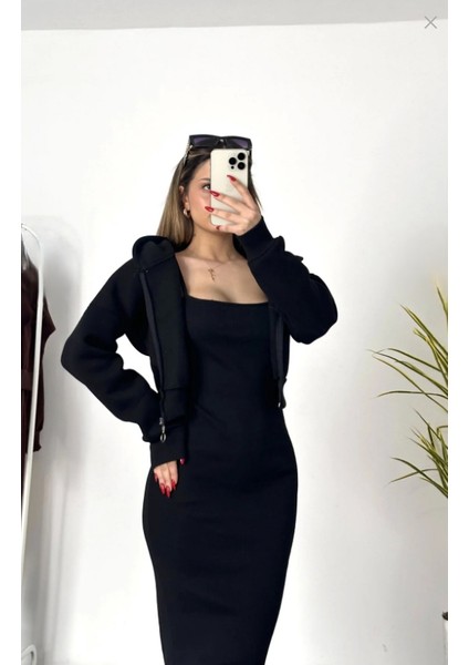 Kadın Hırkalı Elbise Takım -Siyah- 3iplik Şardonlu fiyatları