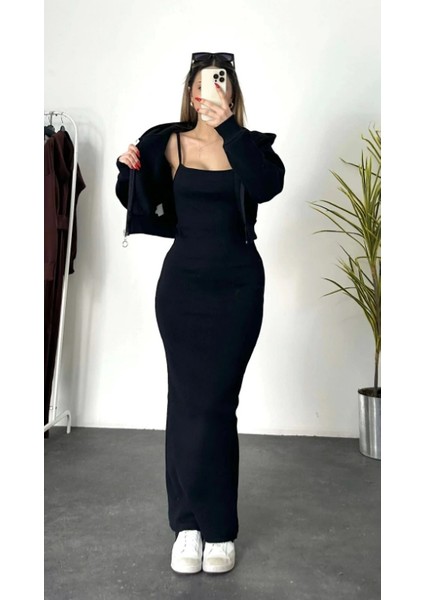 Kadın Hırkalı Elbise Takım -Siyah- 3iplik Şardonlu modelleri